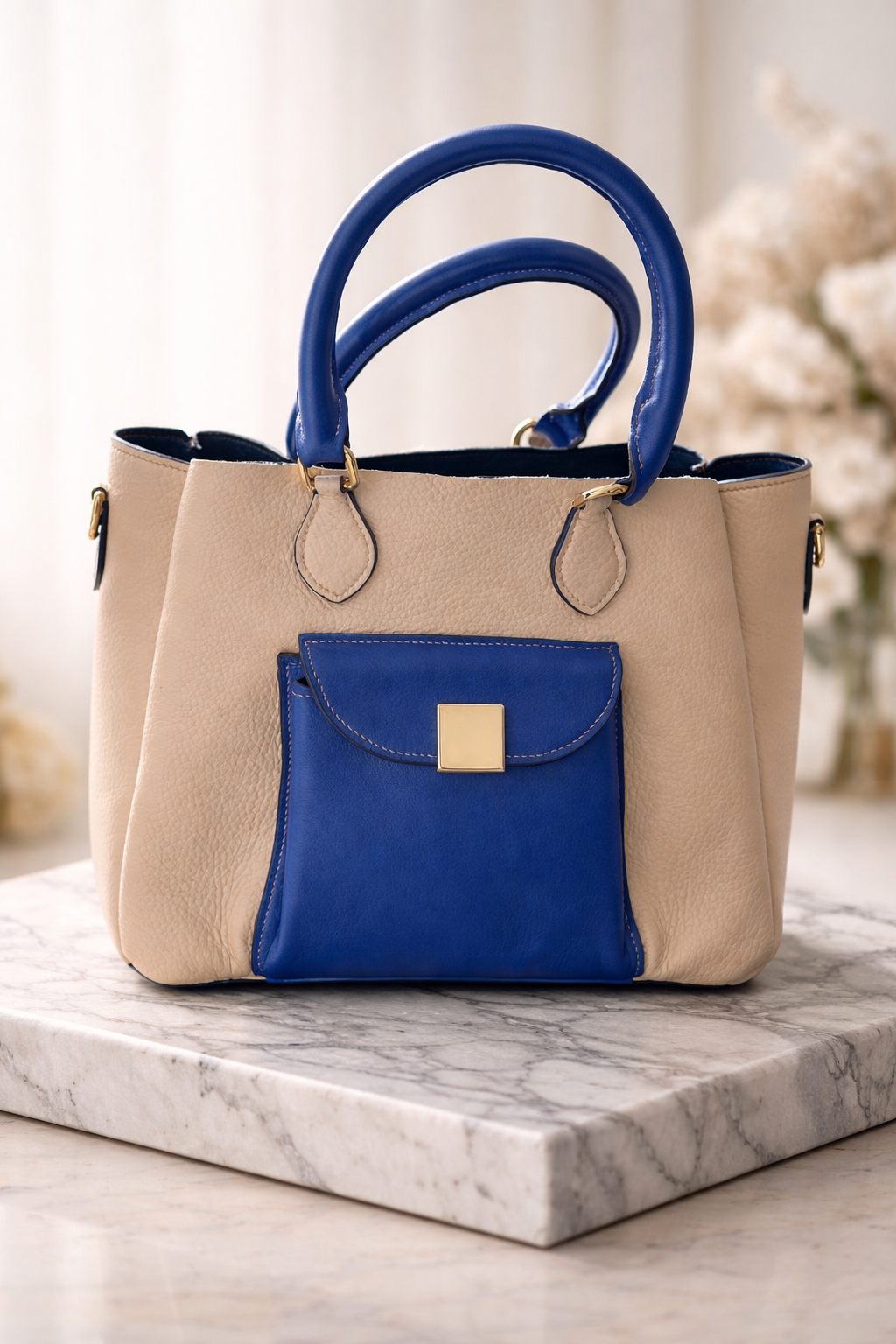 Sac à main cuir beige et bleu